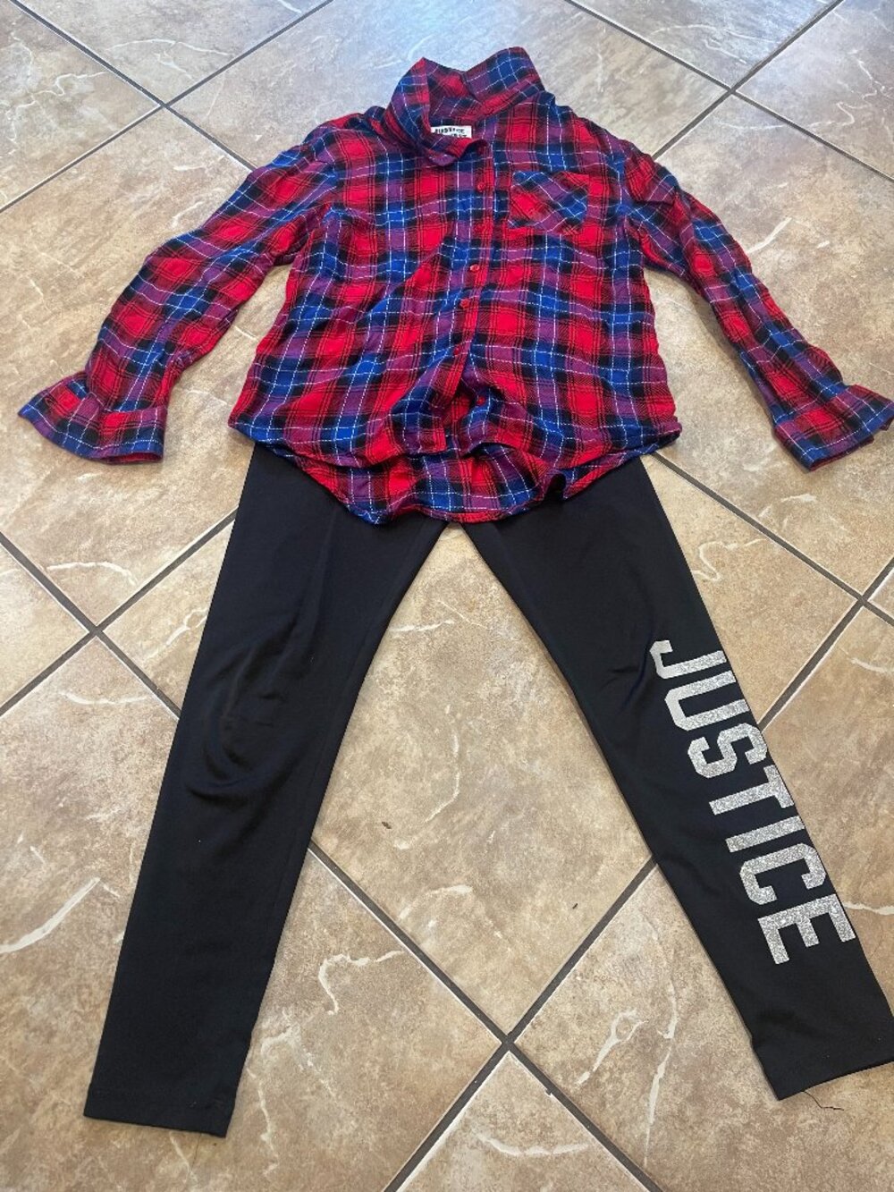 Justice Girls Size 8 Plaid Shirt & Glitter Logo Leggings Outfit Set